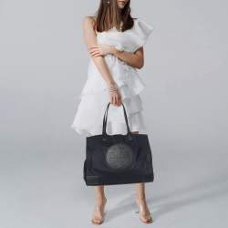 مملوكة مسبقًا حقيبة يد توري برش إيلا كبيرة جلد ونيلون زرقاء داكنة