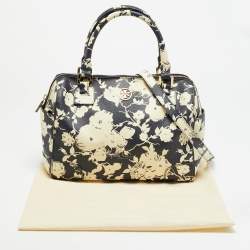 Pre Owned Tory Burch Robinson Navy Blue/Cream Floral Print Coated Canvas Satchel
