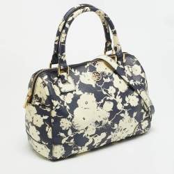 Pre Owned Tory Burch Robinson Navy Blue/Cream Floral Print Coated Canvas Satchel