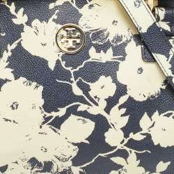 Pre Owned Tory Burch Robinson Navy Blue/Cream Floral Print Coated Canvas Satchel