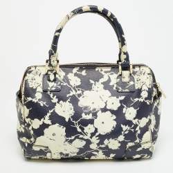 Pre Owned Tory Burch Robinson Navy Blue/Cream Floral Print Coated Canvas Satchel