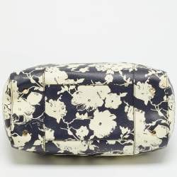 Pre Owned Tory Burch Robinson Navy Blue/Cream Floral Print Coated Canvas Satchel
