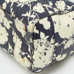 Pre Owned Tory Burch Robinson Navy Blue/Cream Floral Print Coated Canvas Satchel
