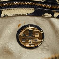 Pre Owned Tory Burch Robinson Navy Blue/Cream Floral Print Coated Canvas Satchel