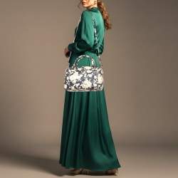 Pre Owned Tory Burch Robinson Navy Blue/Cream Floral Print Coated Canvas Satchel