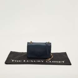 Pre Owned Tory Burch Marion Shrunken Navy Blue Leather Crossbody Bag