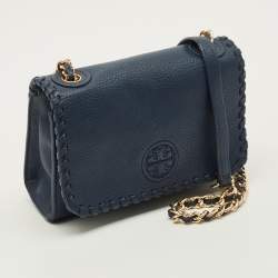 Pre Owned Tory Burch Marion Shrunken Navy Blue Leather Crossbody Bag