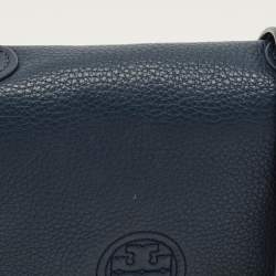 Pre Owned Tory Burch Marion Shrunken Navy Blue Leather Crossbody Bag
