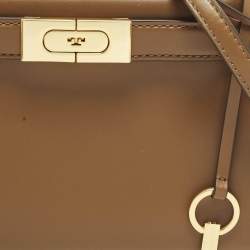 Pre Owned Tory Burch Lee Radziwill Petite Brown Leather Top Handle Bag
