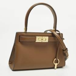 Pre Owned Tory Burch Lee Radziwill Petite Brown Leather Top Handle Bag