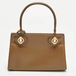 Pre Owned Tory Burch Lee Radziwill Petite Brown Leather Top Handle Bag