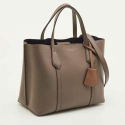 Pre Owned Tory Burch Perry Triple-Compartment Small Taupe Leather Tote 
