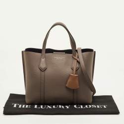 Pre Owned Tory Burch Perry Triple-Compartment Small Taupe Leather Tote 