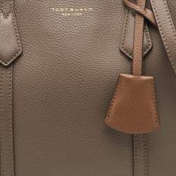 Pre Owned Tory Burch Perry Triple-Compartment Small Taupe Leather Tote 