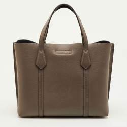 Pre Owned Tory Burch Perry Triple-Compartment Small Taupe Leather Tote 