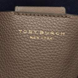 Pre Owned Tory Burch Perry Triple-Compartment Small Taupe Leather Tote 