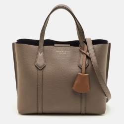 Pre Owned Tory Burch Perry Triple-Compartment Small Taupe Leather Tote 