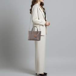 Pre Owned Tory Burch Perry Triple-Compartment Small Taupe Leather Tote 