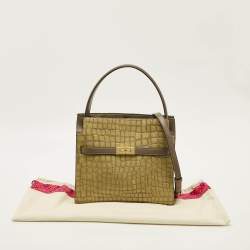 Pre Owned حقيبة يد ذات مقبض مزدوج توري بورش لي رادزيويل جلد أخضر زيتوني/بيج منقوش بالطبع لامع صغيرة