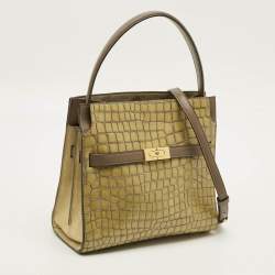 Pre Owned حقيبة يد ذات مقبض مزدوج توري بورش لي رادزيويل جلد أخضر زيتوني/بيج منقوش بالطبع لامع صغيرة