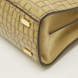 Pre Owned حقيبة يد ذات مقبض مزدوج توري بورش لي رادزيويل جلد أخضر زيتوني/بيج منقوش بالطبع لامع صغيرة