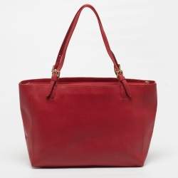 Pre Owned Tory Burch York Buckle Large Red Leather Shopper Tote