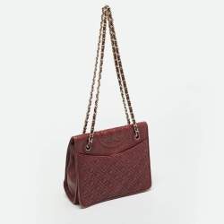 Pre Owned Tory Burch Fleming Small Burgundy Leather Shoulder Bag