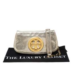 Pre Owned Tory Burch Gold Leather Raphael Logo Crossbody Bag