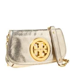 Pre Owned Tory Burch Gold Leather Raphael Logo Crossbody Bag