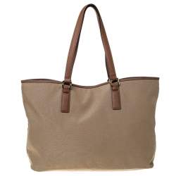 Pre Owned Tory Burch Khaki Canvas and Leather Shopper Tote
