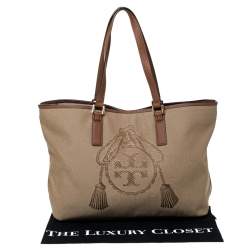 Pre Owned Tory Burch Khaki Canvas and Leather Shopper Tote