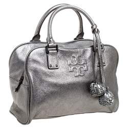 Pre Owned Tory Burch Metallic Dark Grey Boston Bag