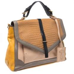 Pre Owned Tory Burch Multicolor Croc Embossed Leather Top Handle Bag