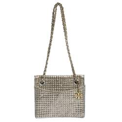 Pre Owned Tory Burch Metallic Silver Leather and Glitters Flap Shoulder Bag