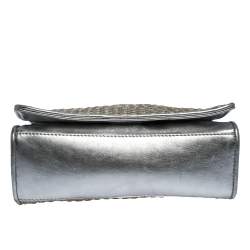 Pre Owned Tory Burch Metallic Silver Leather and Glitters Flap Shoulder Bag