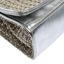 Pre Owned Tory Burch Metallic Silver Leather and Glitters Flap Shoulder Bag