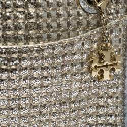 Pre Owned Tory Burch Metallic Silver Leather and Glitters Flap Shoulder Bag