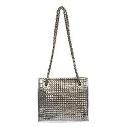 Pre Owned Tory Burch Metallic Silver Leather and Glitters Flap Shoulder Bag