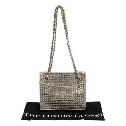 Pre Owned Tory Burch Metallic Silver Leather and Glitters Flap Shoulder Bag