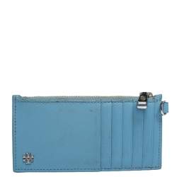 Tory Burch Light Blue Leather Top Zip Slim Card Holder