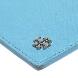 Tory Burch Light Blue Leather Top Zip Slim Card Holder