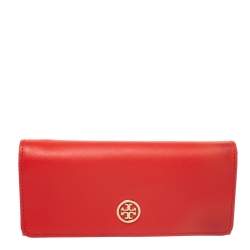 Pre Owned Tory Burch Orange Leather Robinson Envelope Flap Wallet
