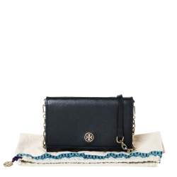 Pre Owned Tory Burch Black Leather Robinson Flap Chain Clutch Bag