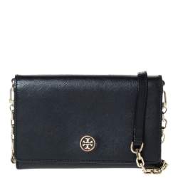 Pre Owned Tory Burch Black Leather Robinson Flap Chain Clutch Bag