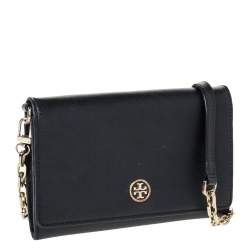 Pre Owned Tory Burch Black Leather Robinson Flap Chain Clutch Bag