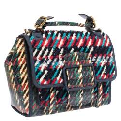 Pre Owned Tory Burch Multicolor Coated Canvas and Tweed Top Handle Bag