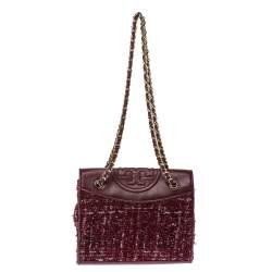 مملوكة مسبقًا Tory Burch Red Tweed and Leather Fleming Chain Shoulder Bag