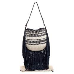 مملوكة مسبقًا Tory Burch Blue/White Woven Leather and Fabric Fringe Hobo