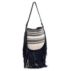 مملوكة مسبقًا Tory Burch Blue/White Woven Leather and Fabric Fringe Hobo