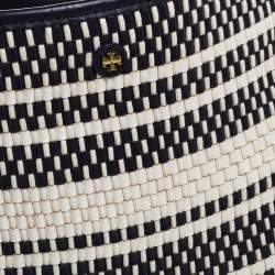 مملوكة مسبقًا Tory Burch Blue/White Woven Leather and Fabric Fringe Hobo